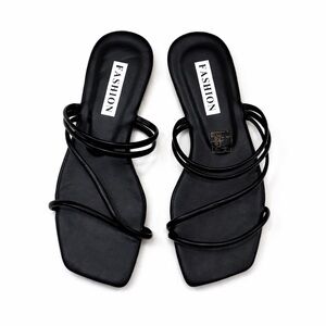 Square Toe Black Strappy Slide Sandals Chic Resort Casual Summer Flats EU 39